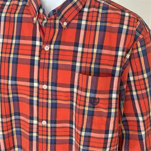 Chaps Easy Care Shirt Mens 2XL Red Orange Navy Plaid Button-Down LS - Picture 5 of 8